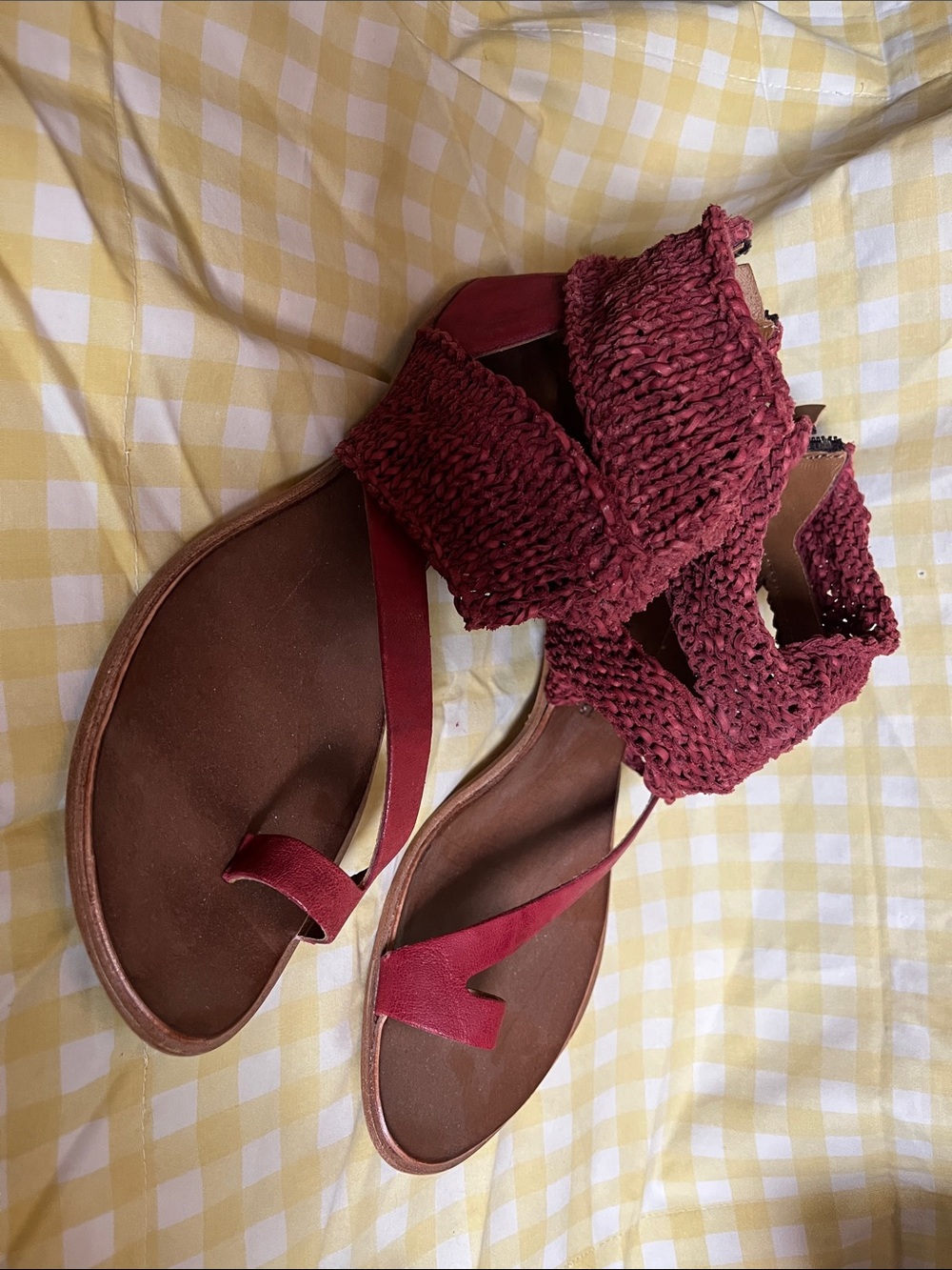 Women's Burgundy Cydwoq Knitted Ankle Wrap Sandals